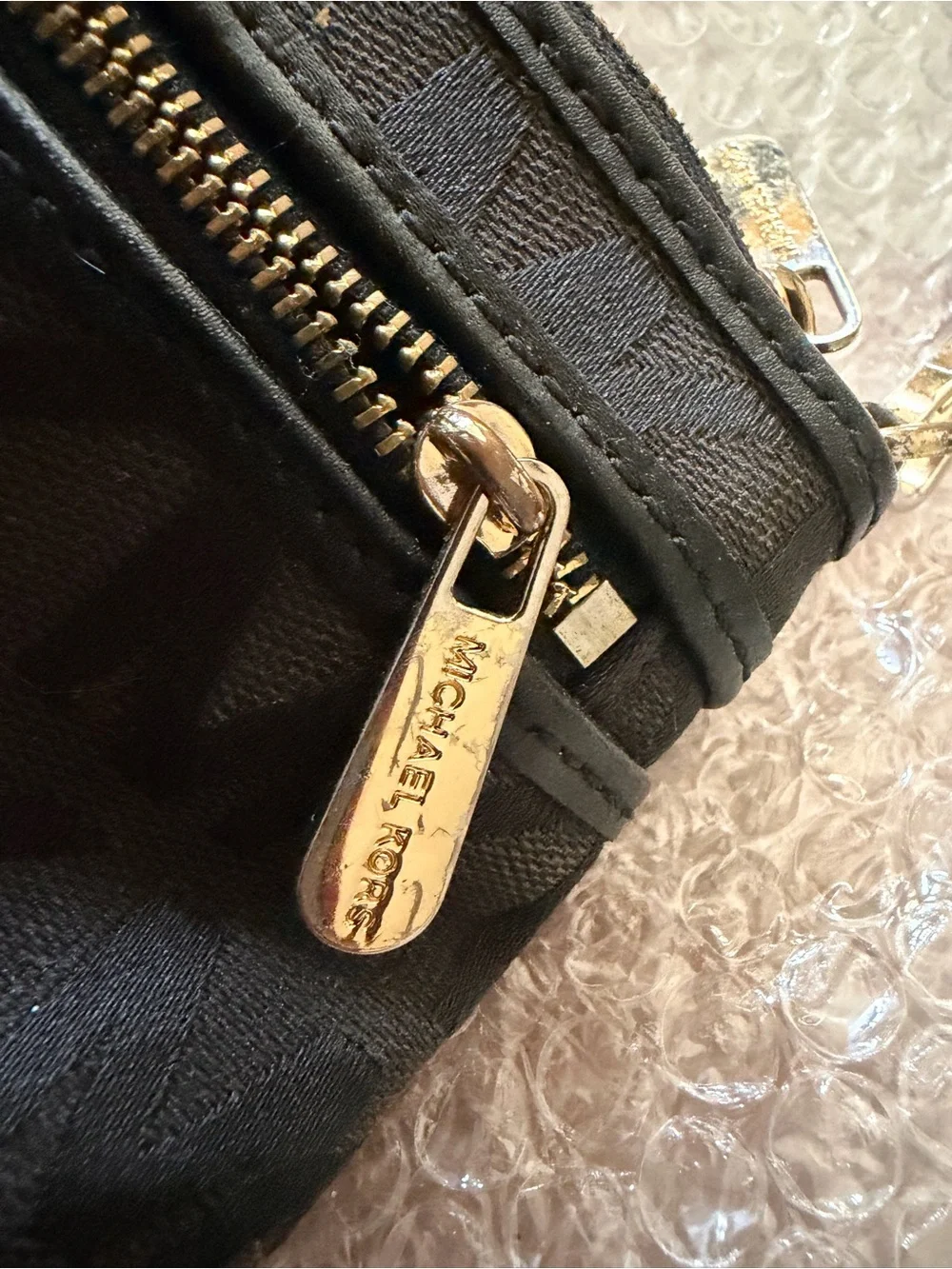 Michael Kors Black MK Monogram Wristlet with Gold Hardware